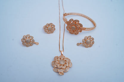 Rose copper combo Set plated with gold and zircons (Necklace, Earring Set, Ring, Bracelet)